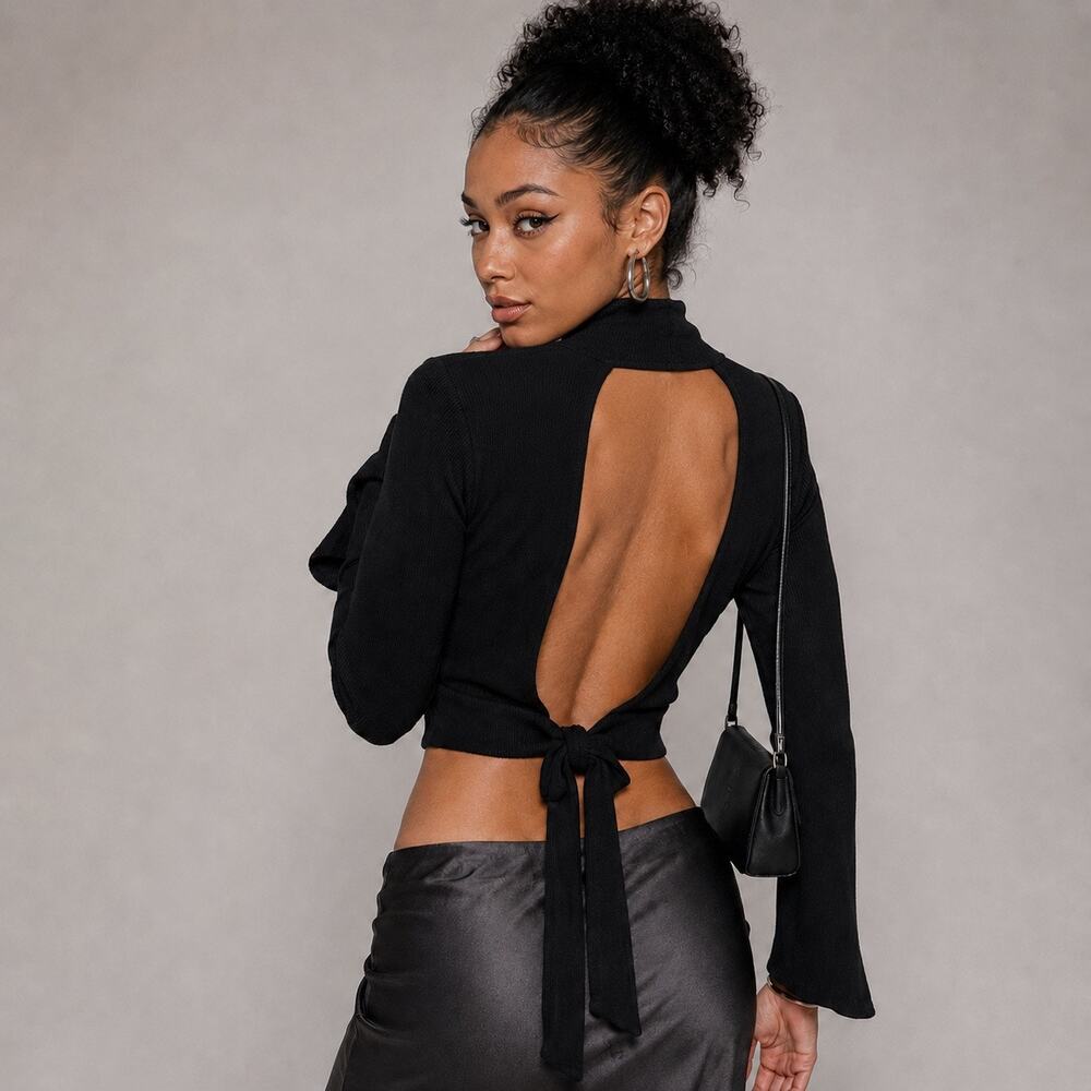 Lulus Baby Got Backless Black Mock Neck Tie Back Sweater Medium Open Back Y2K